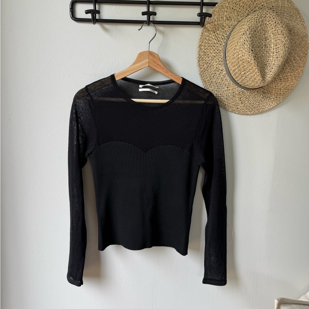 Anthropologie Mesh Long Sleeve Sweetheart Neckline Top